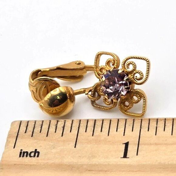 Vintage Goldtone Flower with Pale‎ Purple Rhinestone Dangle Clip On Earrings - Picture 6 of 6